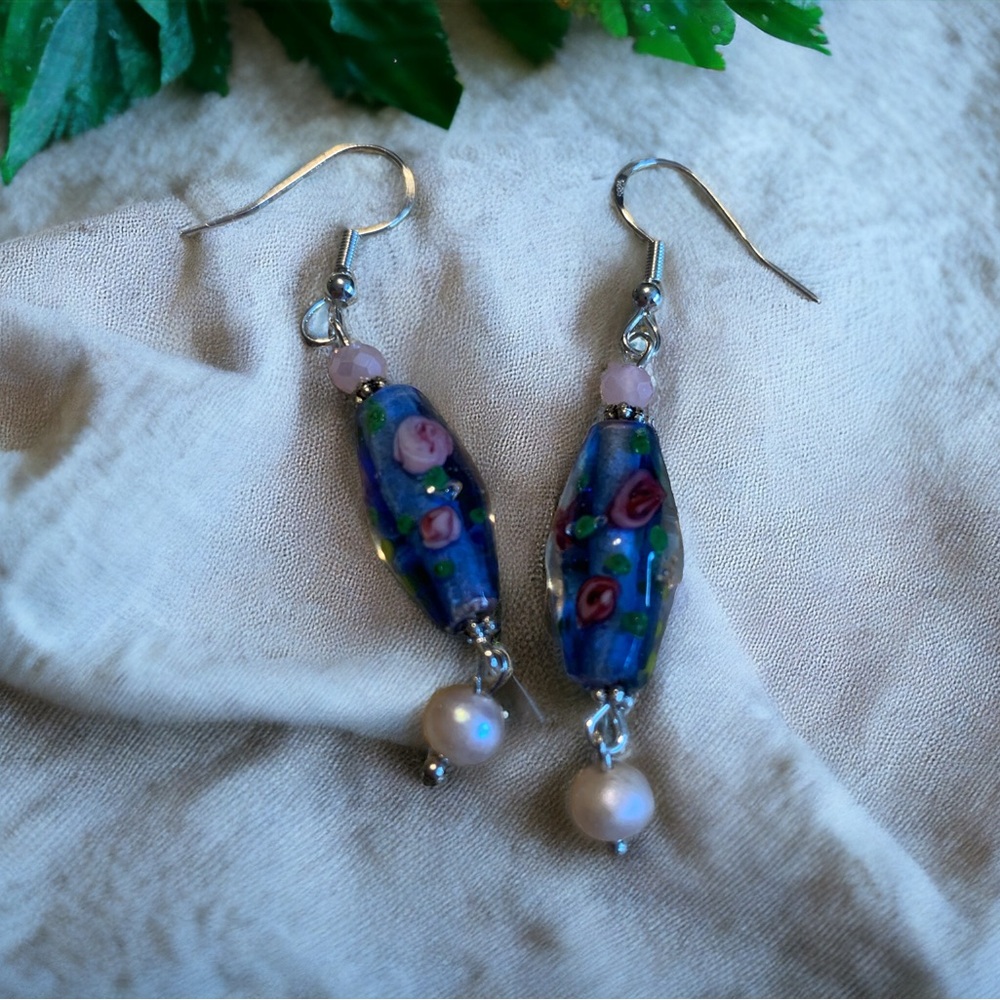 Lamp work glass and pearl earrings. Sterling ear wires. NWT